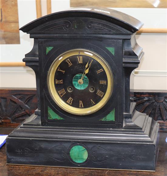 A Victorian slate and malachite mantel clock, height 32cm